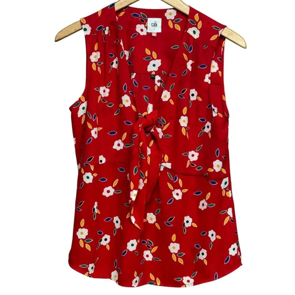Cabi Red Floral Tie Front Sleeveless Blouse Size Small - Picture 2 of 6